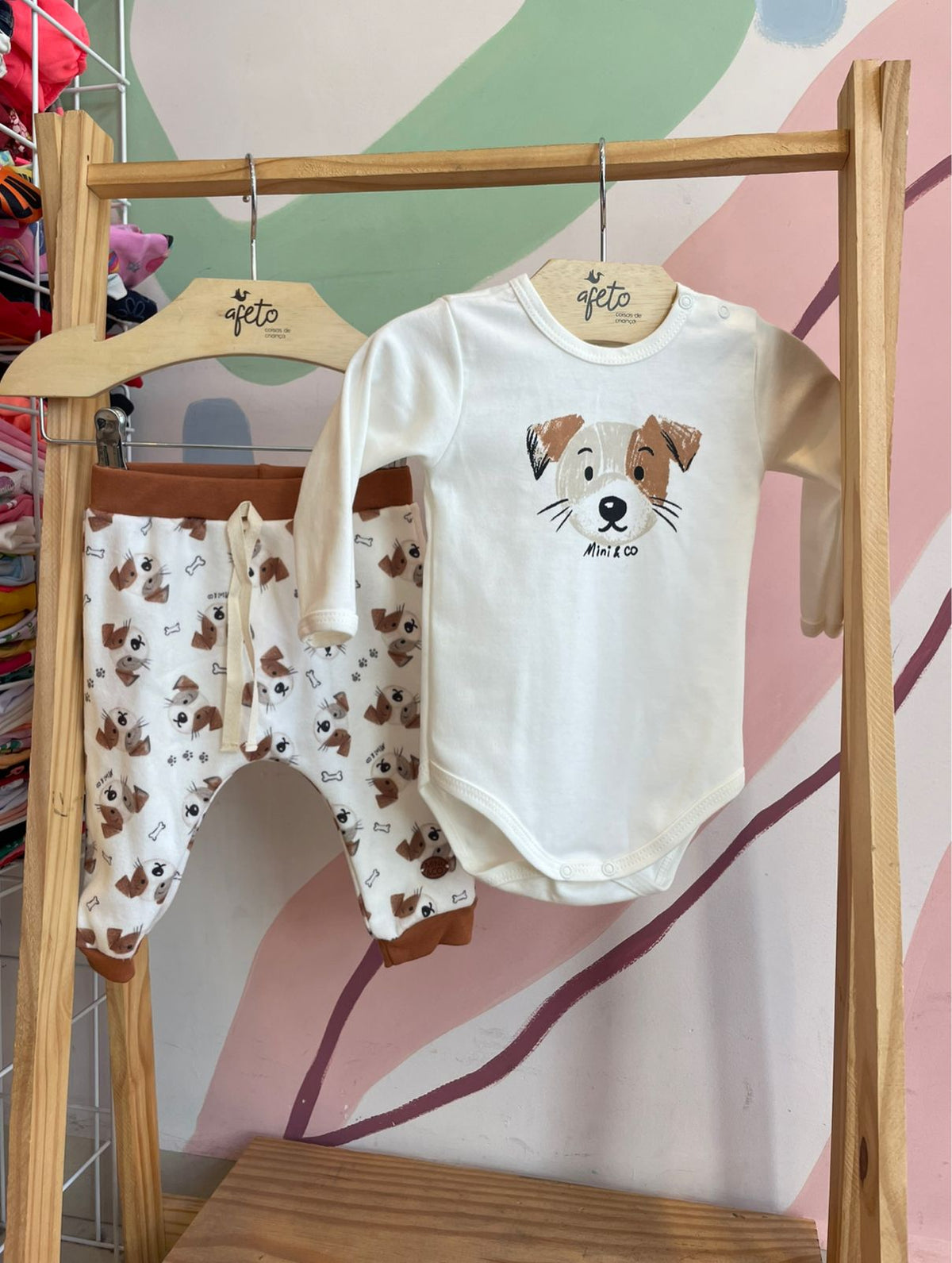 Conjunto manga longa Body Calça Mini & Co Unissex Cachorro Osso