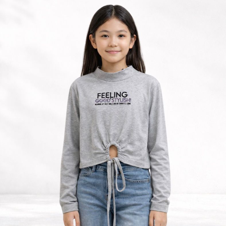 Blusa Manga Longa Juvenil Menina Feeling Algodão Cinza