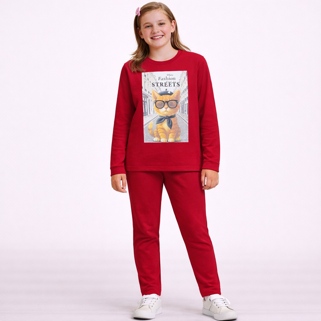 Conjunto Infantil Feminino Manga Longa Calça Flanelado Menina Gatinho Vermelho