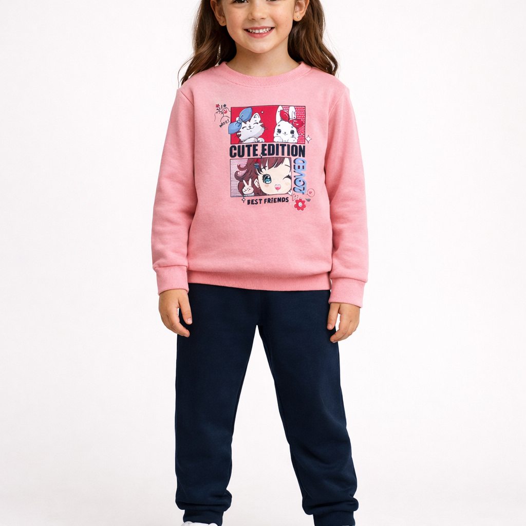 Conjunto Infantil Menina Manga Longa Flanelado com Calça de Punho em Algodão  Gata Ursa Rose Marinho
