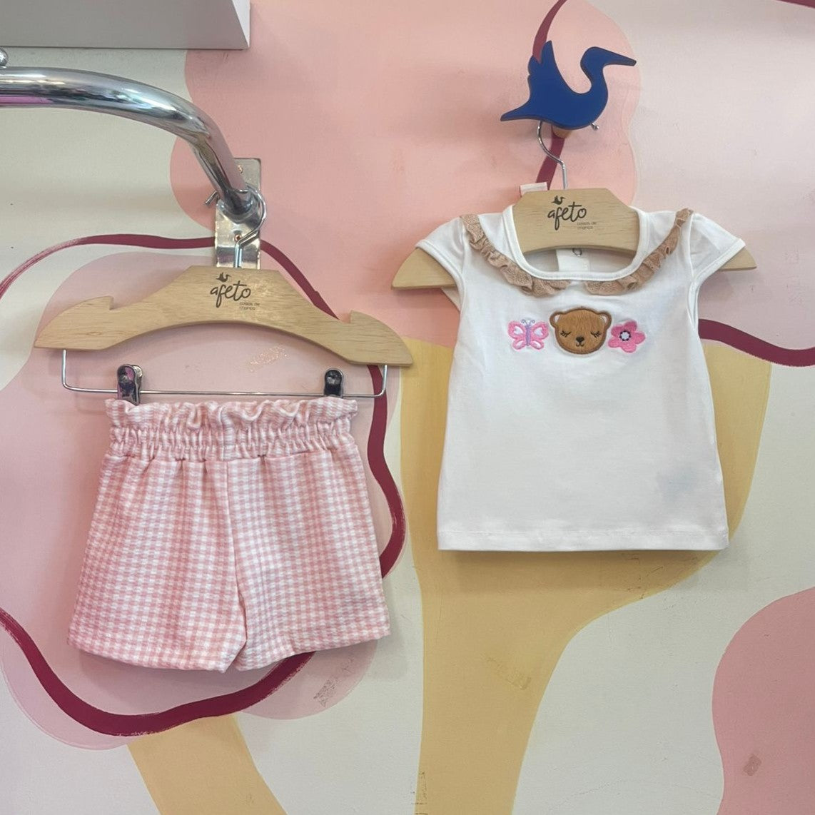 Conjunto Manga Curta Shorts menina Ursinha Xadrez Off White