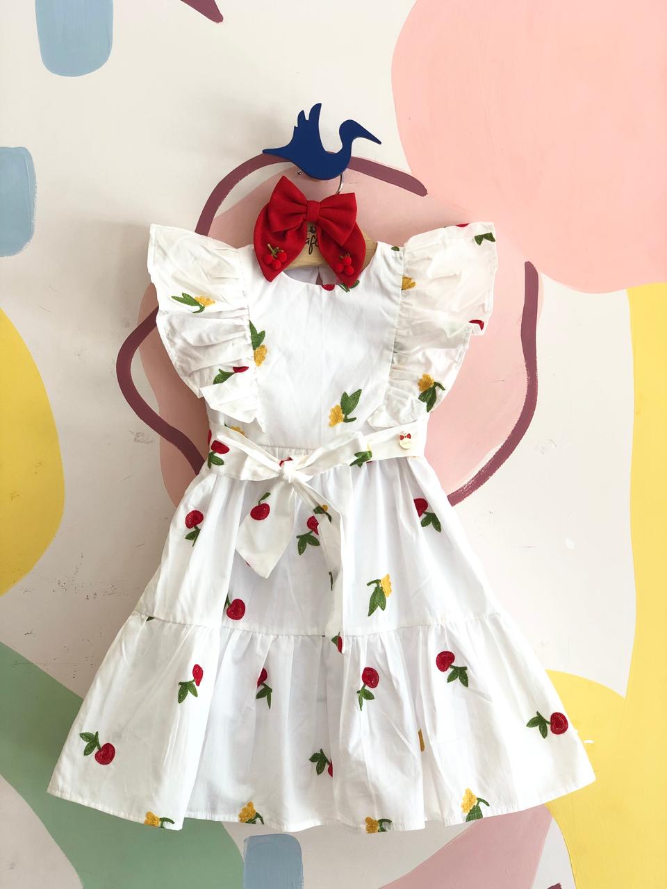 Vestido manga curta menina Cereja e Flor 3 Marias Branco Momi