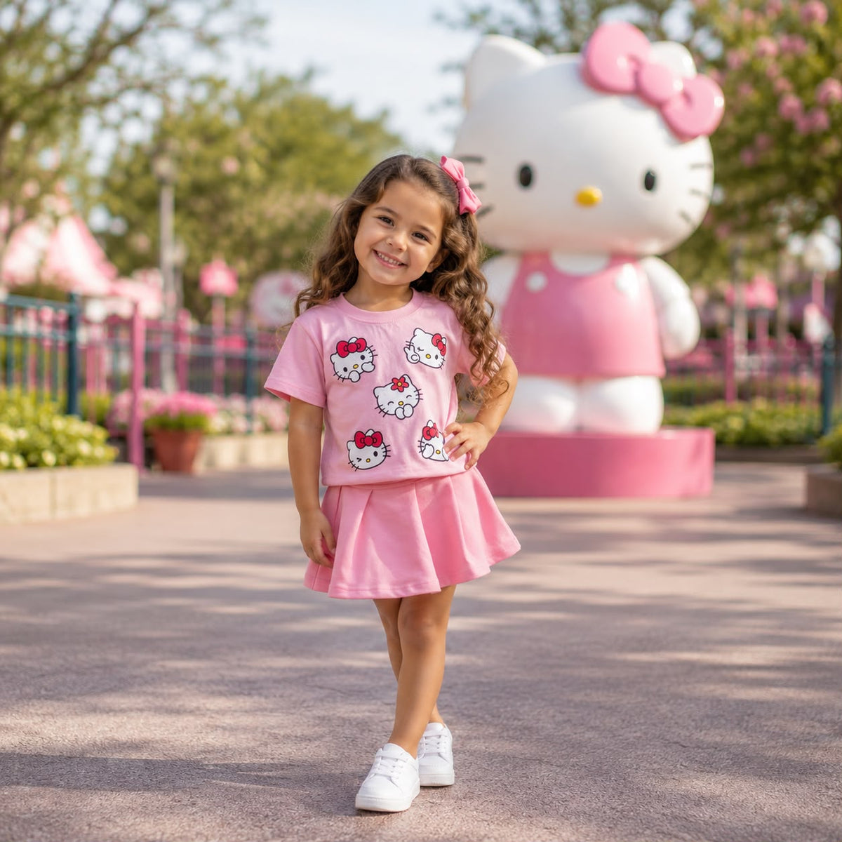 Conjunto Infantil Menina Blusa Manga Curta Rosa e Shorts Saia Hello Kitty