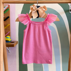 Blusa Infantil Menina Regata Canelada Tule Rosa Mon Sucre