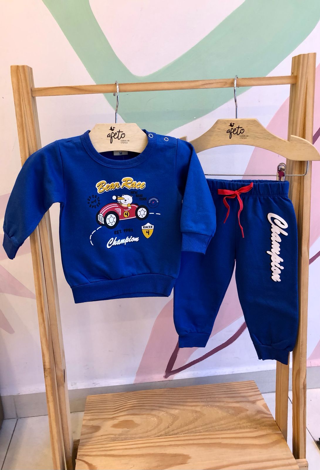 Conjunto manga longa calça Hrradinhos menino Carrinho Bear Race