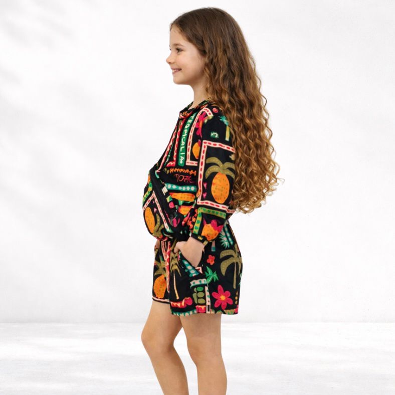 Conjunto Infantil Menina Bomber Shorts com Pochete Quadros Tropical
