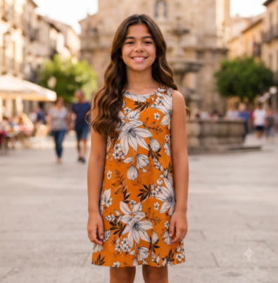 Vestido Regata menina Floral Laranja