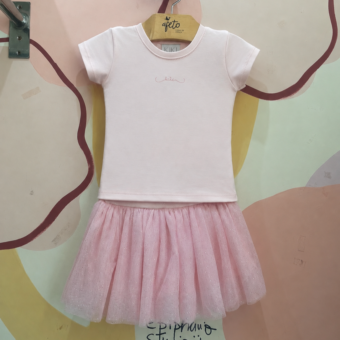 Conjunto Infantil Menina Manga Curta e Saia Tule Glitter Kiki Xodo