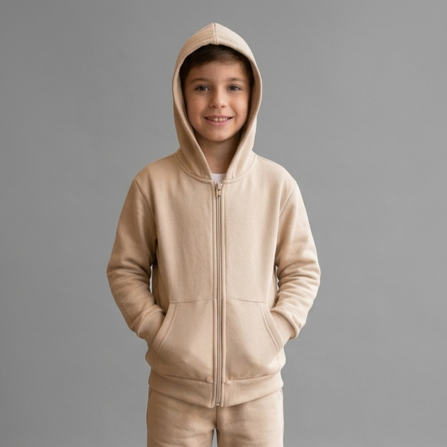 Jaqueta Infantil Moletom Flanelado Manga Longa Liso com Capuz e Bolsos Marrom Fakini
