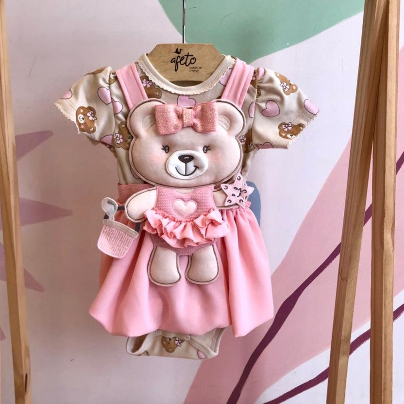 Salopete Manga Curta Menina Upi Uli com Body Ursinhas