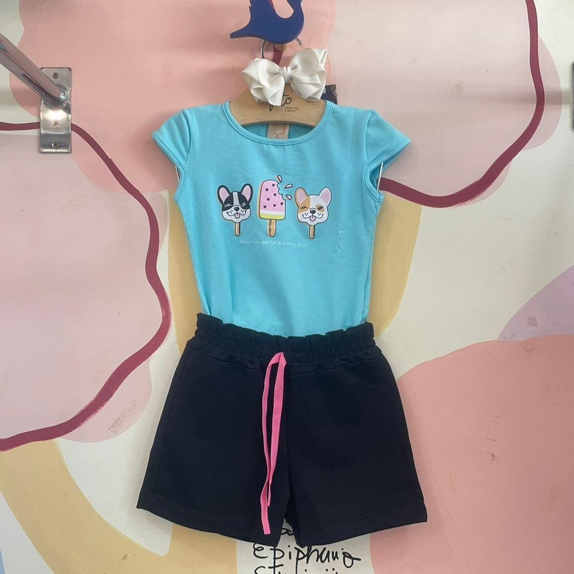 Conjunto Manga Curta Shorts menina Cachorro Sorvete