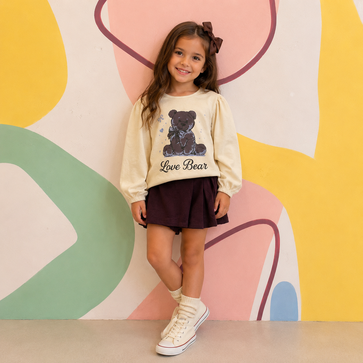Conjunto Feminino Infantil Love Bear Manga Longa Shorts Saia Moletinho Marrom