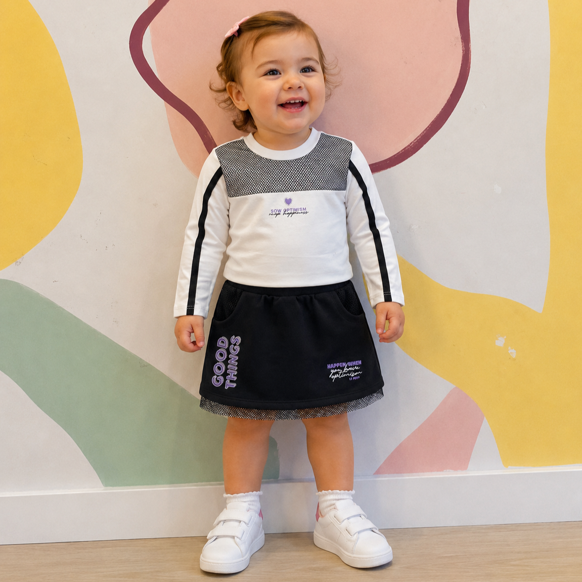 Conjunto M/L Saia Le Petit infantil Telinha Happiness Branco/Preto