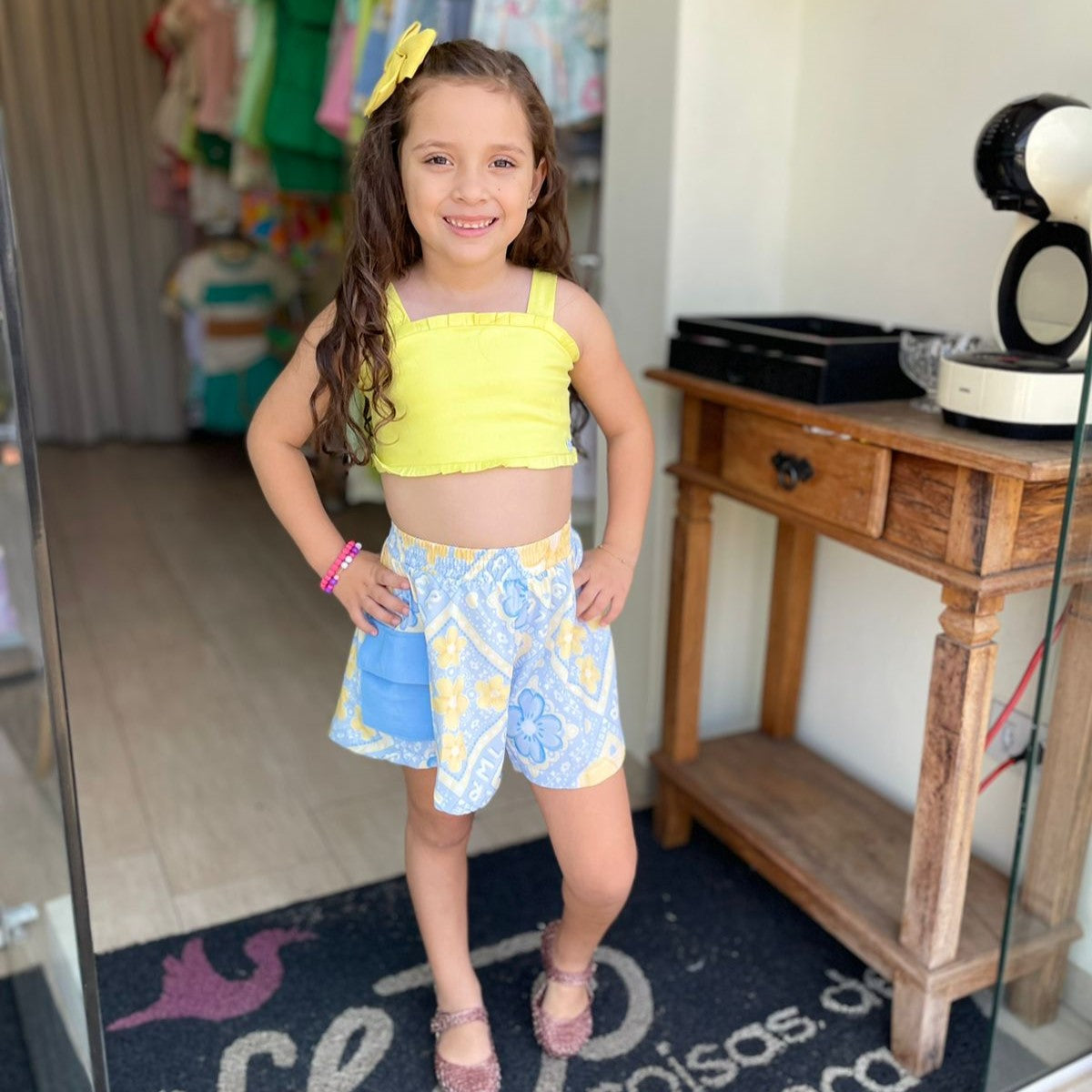 Conjunto Regata Shorts Malagah Menina Cropped Flores