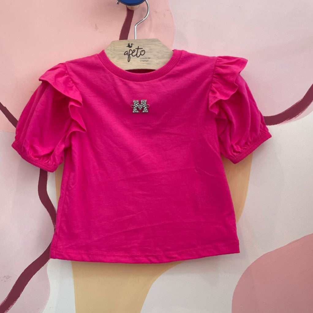 Blusa Manga Curta Momi Infantil Fem Lisa Babado Ombro Pink