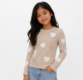 Blusa Feminina Infantil Canelada Corações Menina Manga Longa Nude Carol