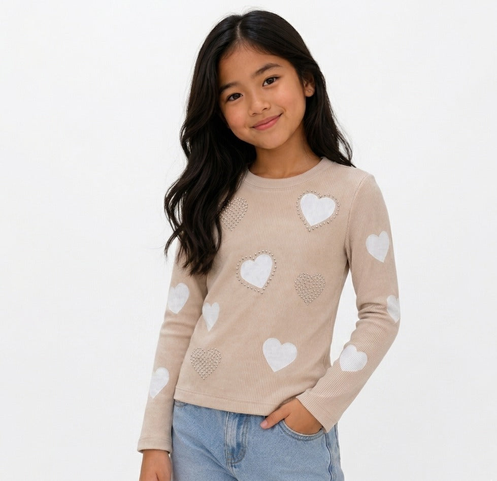 Blusa Feminina Infantil Canelada Corações Menina Manga Longa Nude Carol