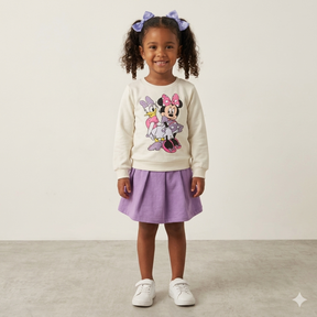 Conjunto Feminino Infantil Flanelado Minnie Margarida Manga Longa Shorts Saia Off Lilás Minnie e Margarida