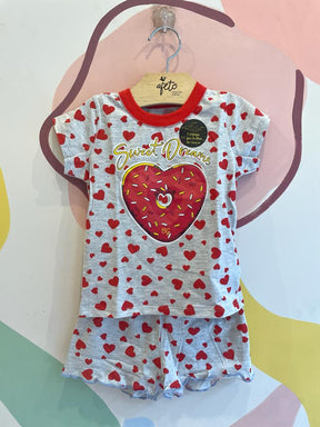 Pijama Manga Curta Shorts Boca Grande Infantil menina Coracoes