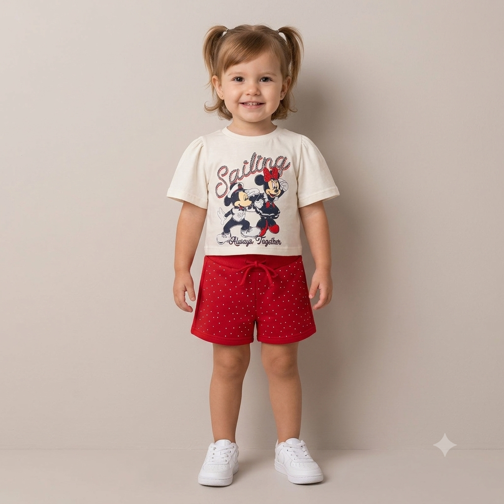 Conjunto Menina Minnie Disney Mickey Sailing manga curta shorts off white/vermelho