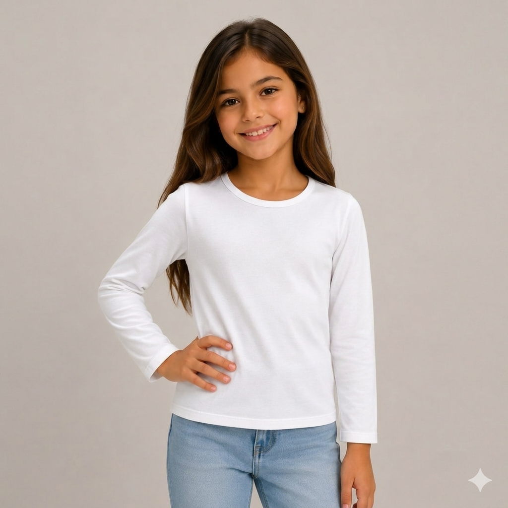 Blusa Infantil Menina Manga Longa Lisa Branca Fakini