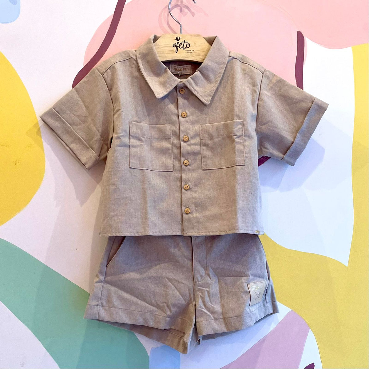 Conjunto Manga Curta Shorts Charpey Infantil Fem Camisa Botoes Linho