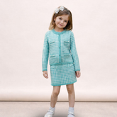 Conjunto Tricot Paty Casaco Saia Verde com Perola
