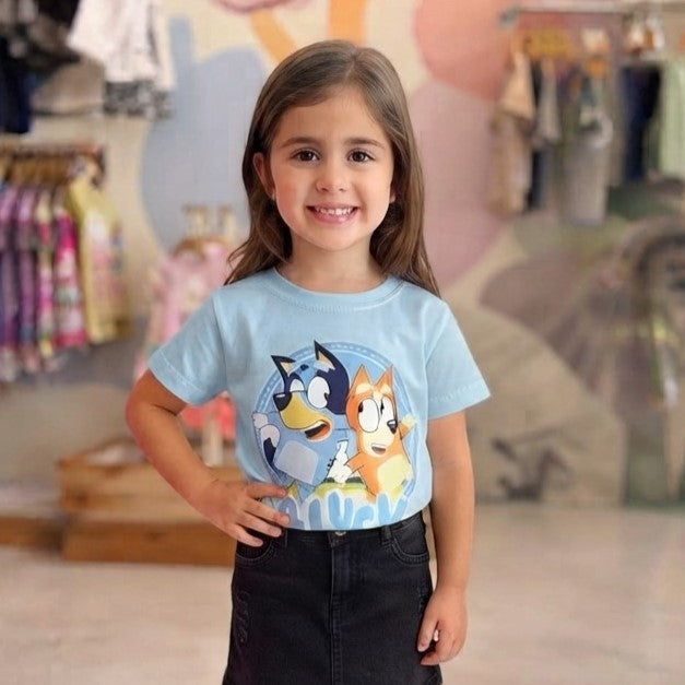 Camiseta Infantil Unissex Menino Menina Manga Curta Azul Bluey