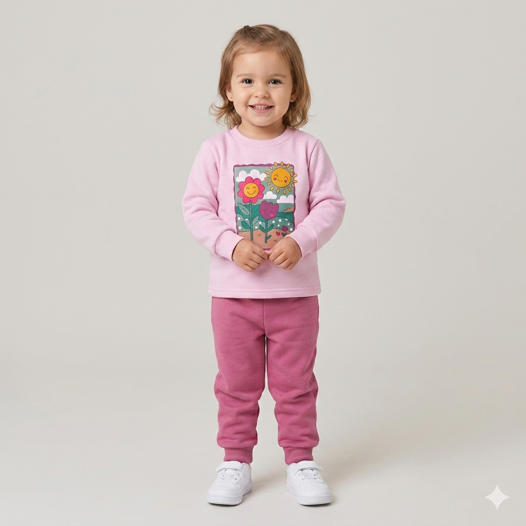 Conjunto Infantil Feminino Manga Longa Calça Flanelado Menina Sol Flores Rosa Rose