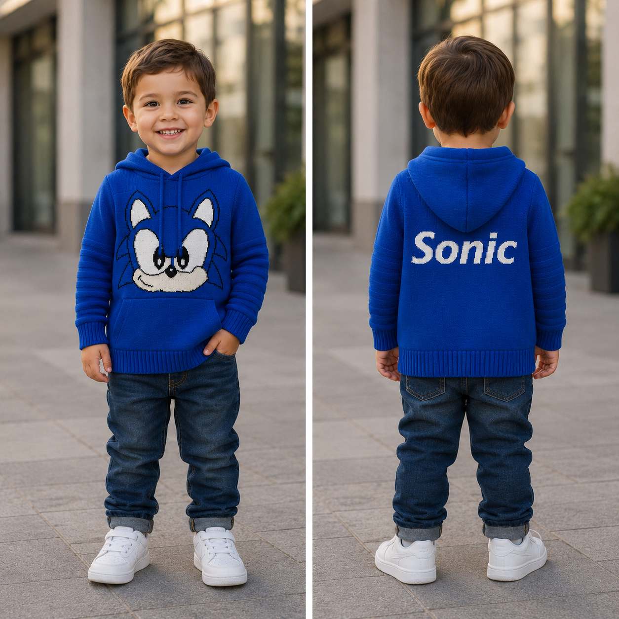 Blusa Tricot Infantil Inverno Capuz com Bolso Sonic Azul