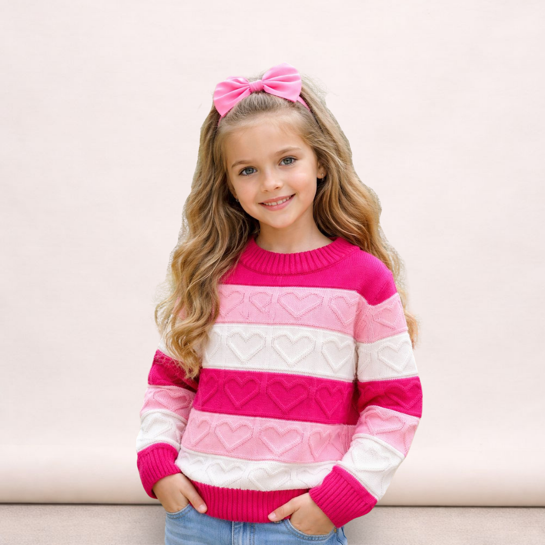 Blusa Sueter em Tricot Feminina Infantil com Corações Listras Rosa