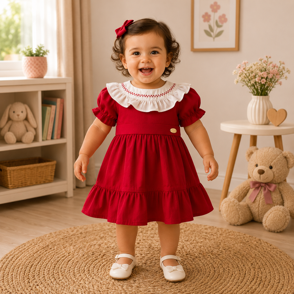 Vestido Manga Curta Bambolina Infantil Fem Gola Bordada
