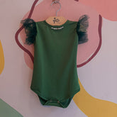 Body Manga Curta Yoyo Infantil Menina Manga Tule Perolas Verde