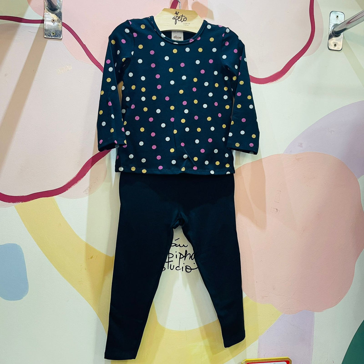 Conjunto Infantil Menina Manga Longa Legging Poa Preto