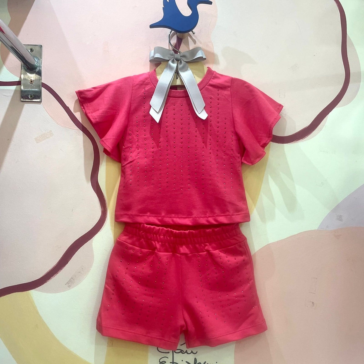 Conjunto Manga Curta Shorts menina Strass Manga Frufru Vermelho