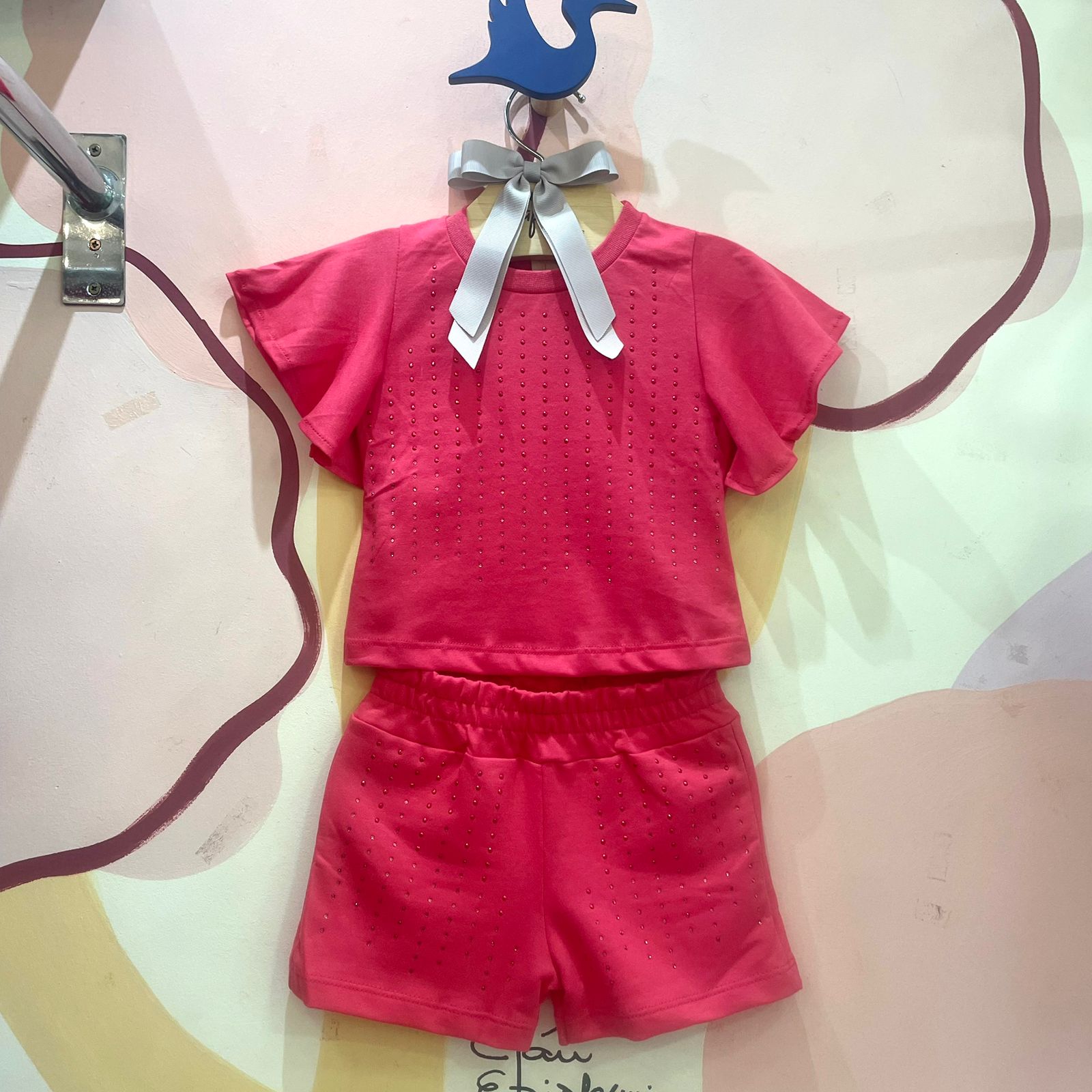 Conjunto Manga Curta Shorts menina Strass Manga Frufru Vermelho