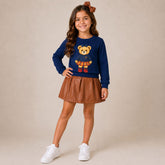Conjunto Feminino Infantil Flanelado Ursa Colegial Manga Longa Shorts Saia Courino PU Menina Marinho Caramelo