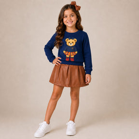 Conjunto Feminino Infantil Flanelado Ursa Colegial Manga Longa Shorts Saia Courino PU Menina Marinho Caramelo