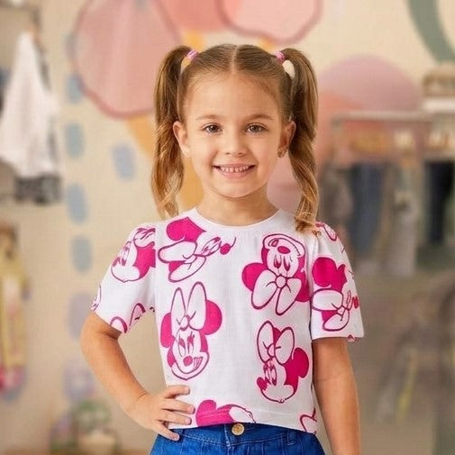 Blusa Infantil Menina Manga Curta Frufru Minnie Face Disney Branco Pink