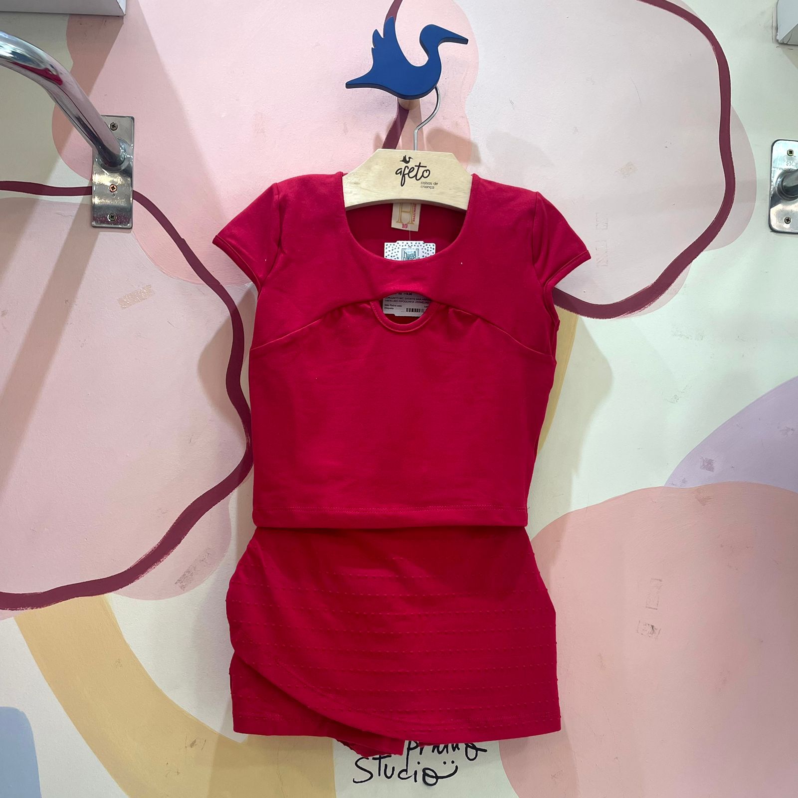 Conjunto Manga Curta Shorts Saia menina Liso Pipoquinha Vermelho