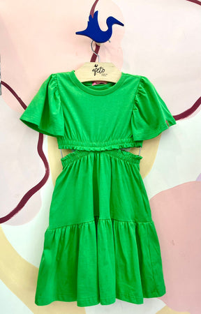 Vestido Manga Curta Momi Infantil Fem Liso Abertura Lateral Verde