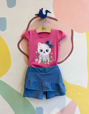 Conjunto Manga Curta Shorts Menina Hrradinhos Gatinha Jeans