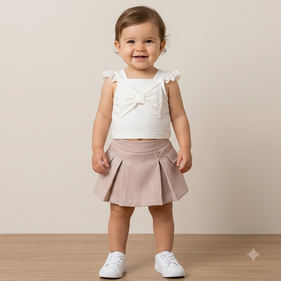 Conjunto Regata Shorts Saia Kiki Xodo Menina Lurex Laço Off White