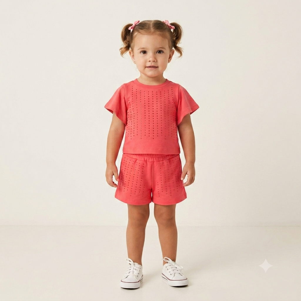 Conjunto Manga Curta Shorts menina Strass Manga Frufru Vermelho