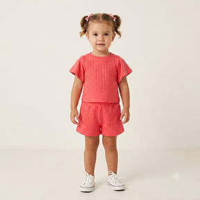 Conjunto Manga Curta Shorts menina Strass Manga Frufru Vermelho
