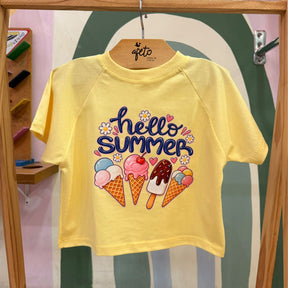 Blusa Infantil Feminina Manga Curta Sorvetinhos Hello Amarela