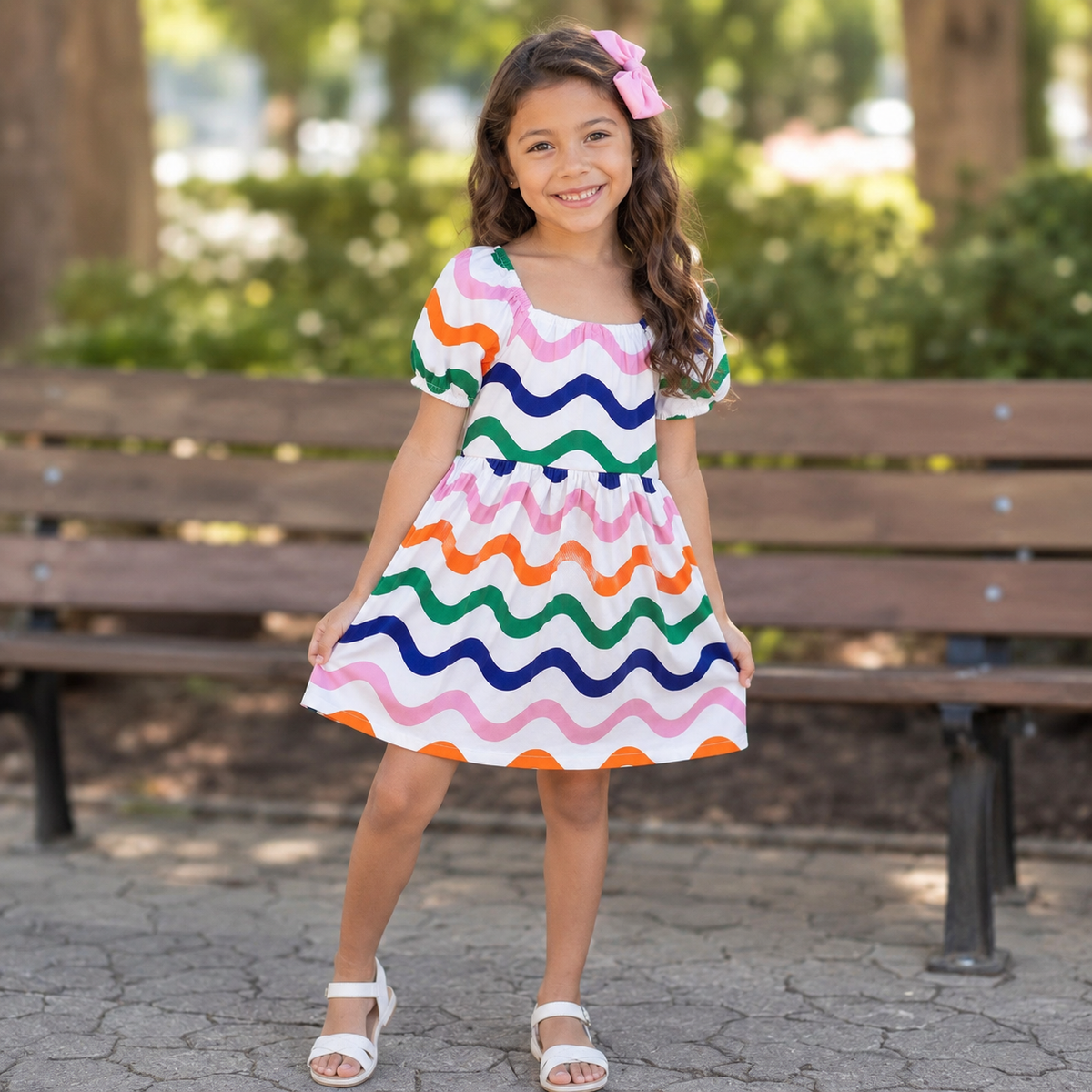 Vestido manga curta menina You+Me Ondas Colorido Branco