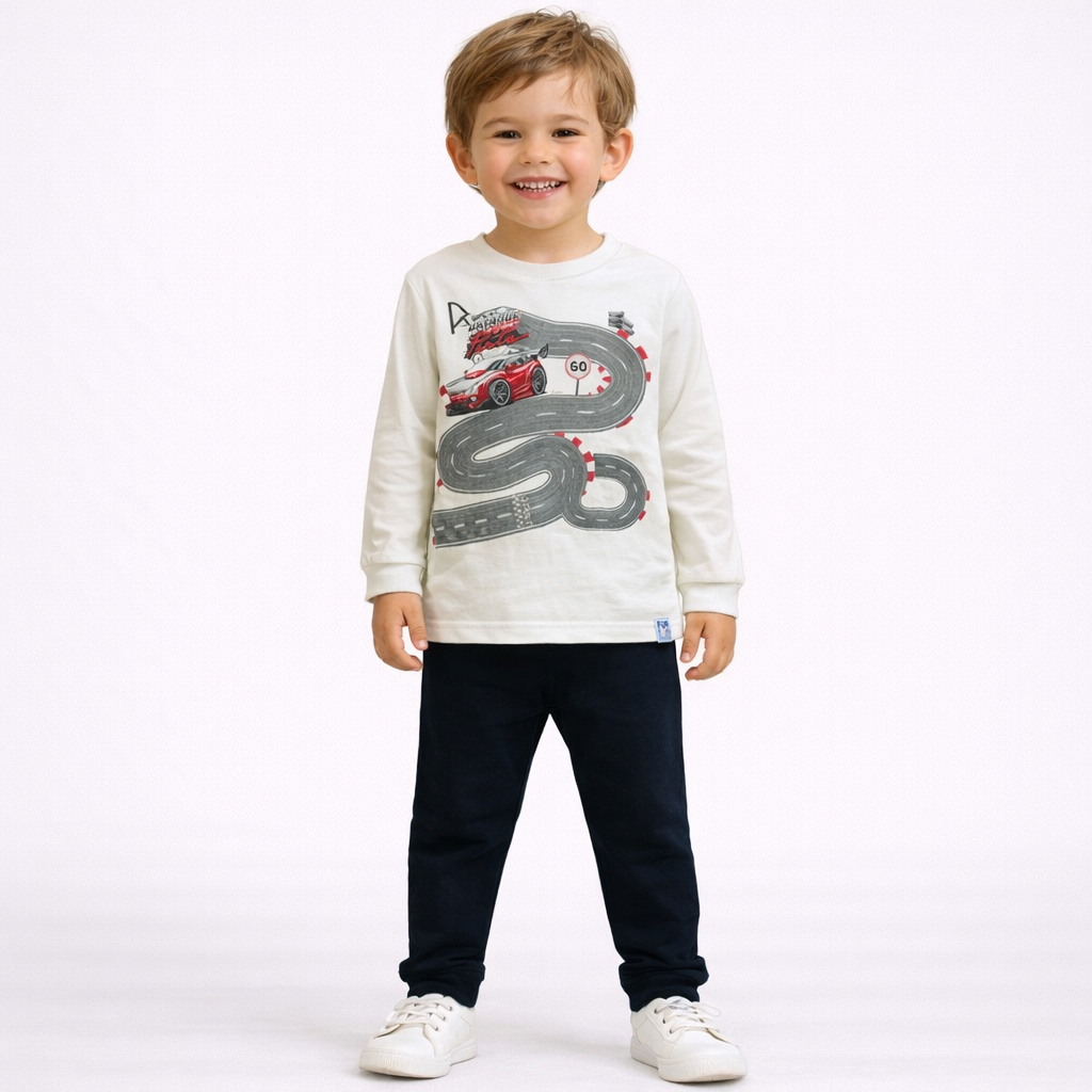 Conjunto Infantil Masculino Manga Longa Calça Moletinho Menino Pista de Carro Off Preto
