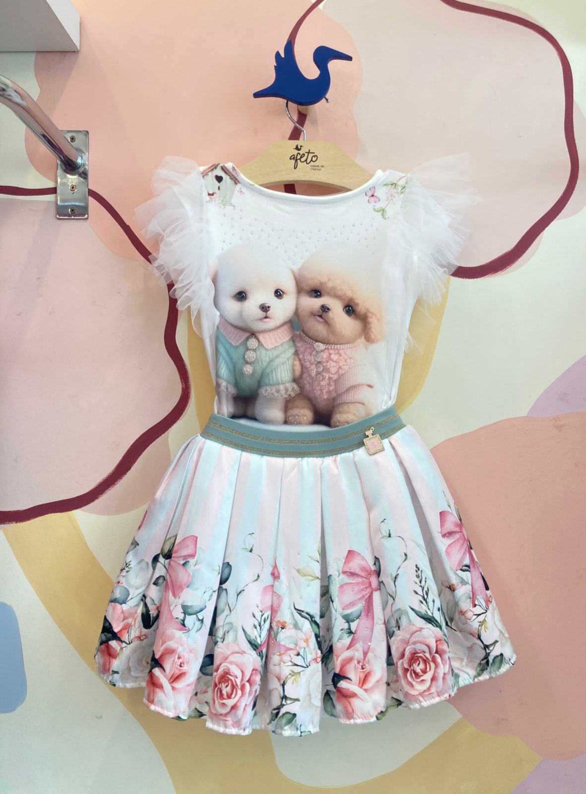 Conjunto Manga Curta Saia Yoyo Infantil menina Cachorrinhos Manga Tule