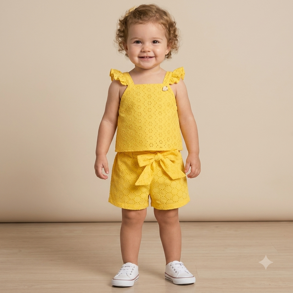 Conjunto Regata Shorts Menina Momi Lasie Laco Amarelo